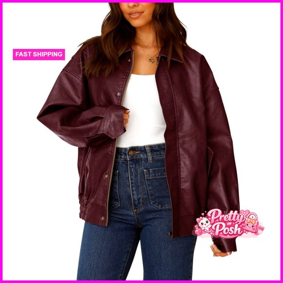 Jackets & Blazers - Faux Leather Motorcycle Jacket Oversized Zip Up Outerwear